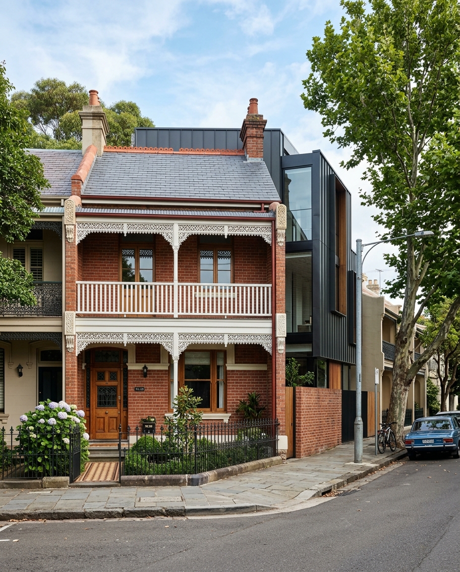 Heritage facade with modern addition behind